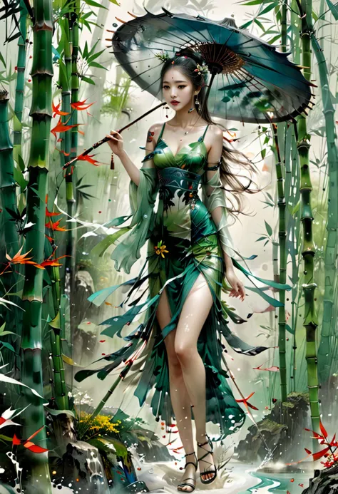 (((masterpiece))),best quality,Correct scale,masterpiece,best quality,ultimate detail,(illustrations:1.1),ultra high definition,ultra detail,8k resolution,ultra high resolution,best image quality,high detail,master's masterpiece,detailed filling,male focus,white hair,ancient costumes in chinese style,1girl,long hair,umbrella in hand,<lora:openjourneyLora:1>,hair ornament,solo,green dress,holding,full body,forehead mark,nature,jewelry,bare legs,facial mark,forest,flower,bamboo,earrings,chinese clothes,hair flower,<lora:lora:0.8>,chinese ink,<lora:colorful-inkpainting:0.7>,colorful inkpainting,<lora:DarkGrimFantasyXL:0.8>,