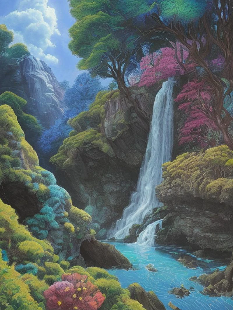 Detailed psychedelic illustration, <lora:Morph_style03-000003:1>,surreal morph, fantasy illustration of the waterfall, forest, black rocks, (blue sky above with an iridescent perlish clouds), <lora:Morph_style03-000027:0.7>, subdued colors, manuscript style, bloom effect, vintage texure, haze removal