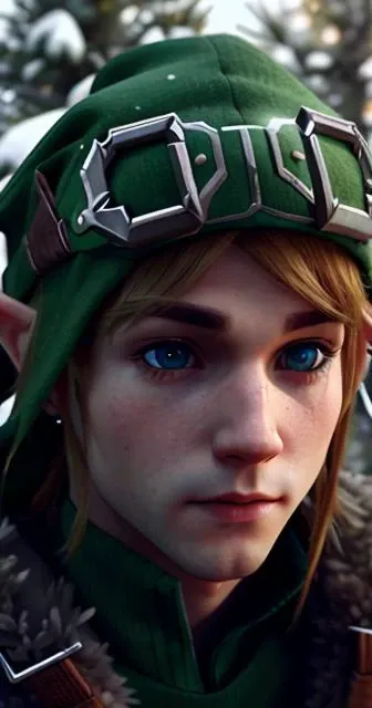 <lora:openjourneyLora_v1:1> realistic (link:1.1) with cute eyes, 1boy, beautiful winter scene, green Phrygian cap, 8k, highly detailed, cinematic lighting, octane render, 50mm lens, analog