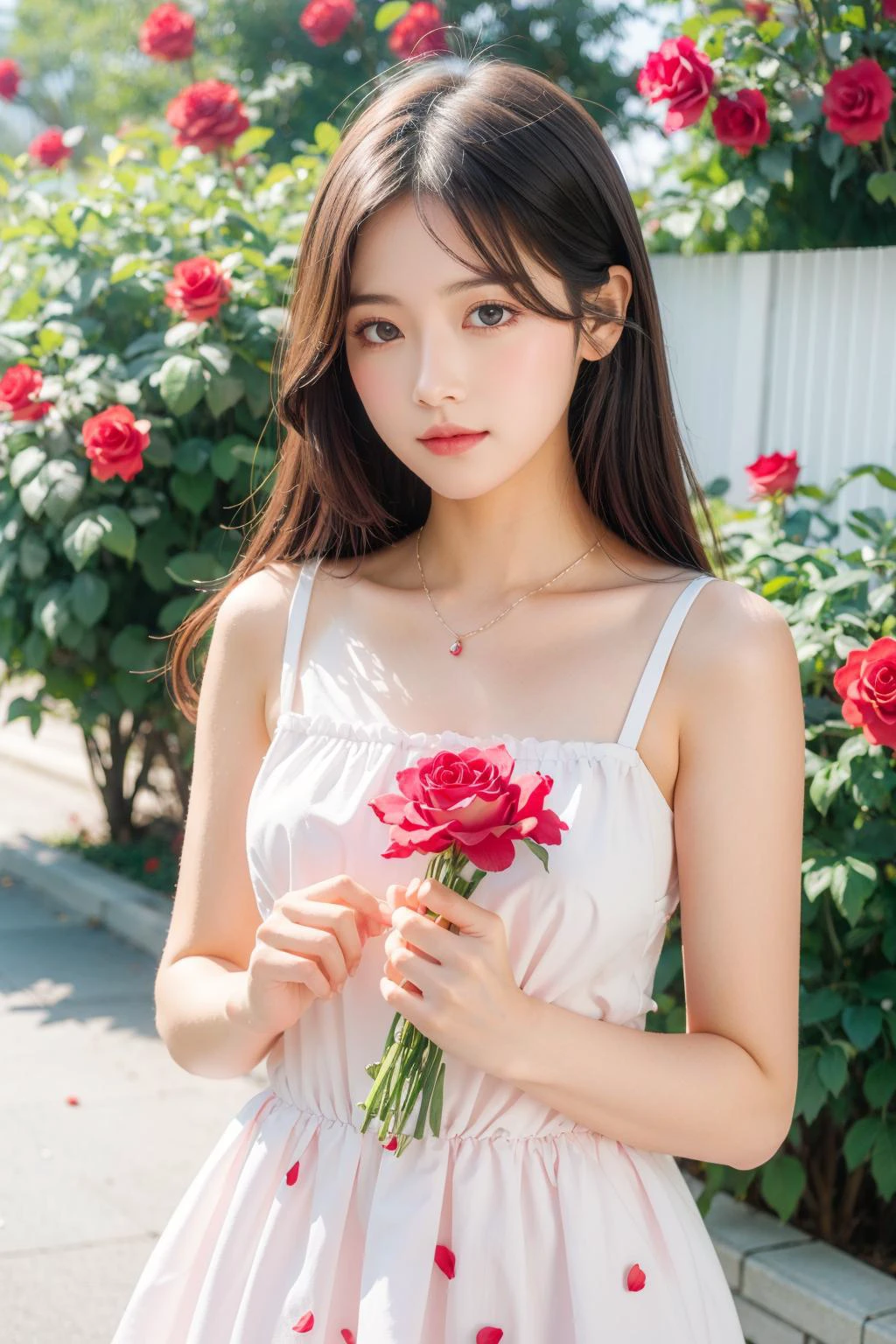 (masterpiece, high quality, 8k), 1girl,floral dress, rose, red flower, pink rose ,petals, rose petals, yellow flower, upper body, <lora:rose:0.8>