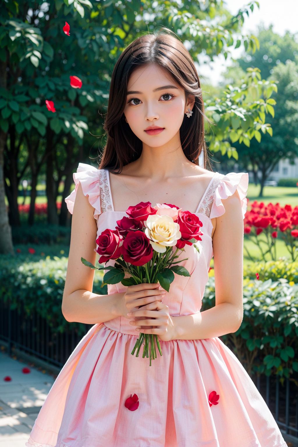 A woman in a pink dress holding a bouquet of roses - SeaArt AI