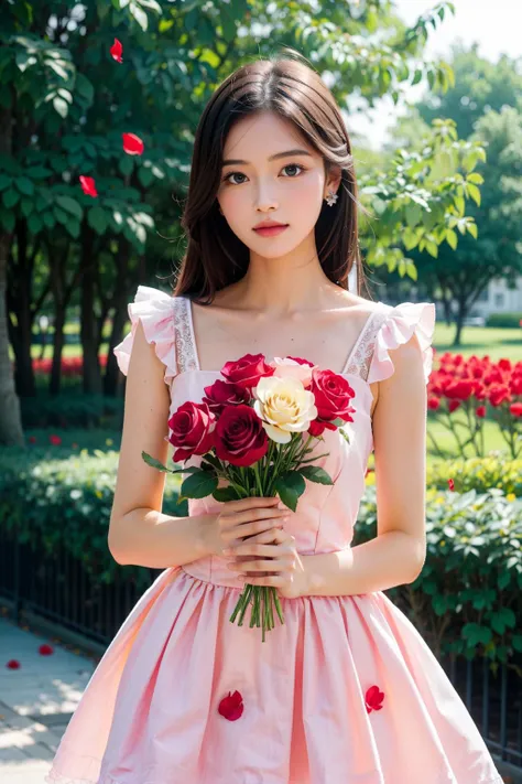 (masterpiece, high quality, 8k), 1girl,floral dress, rose, red flower, pink rose ,petals, rose petals, yellow flower,  upper body, <lora:rose:0.8>