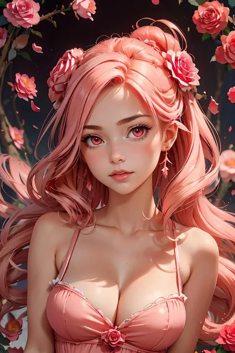 (masterpiece, best quality), 1girl, Salmon pink French Twist with Hair Comb, Sizes I to L breasts, <lora:rose:1> rose, red flower, ,petals, rose petals,