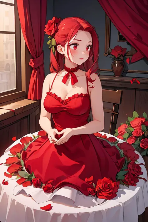 (masterpiece, best quality), 1girl, Strawberry red Slicked-Back Taper Cut with Hard Part, big breasts, <lora:rose:1> rose, red flower, ,petals, rose petals,