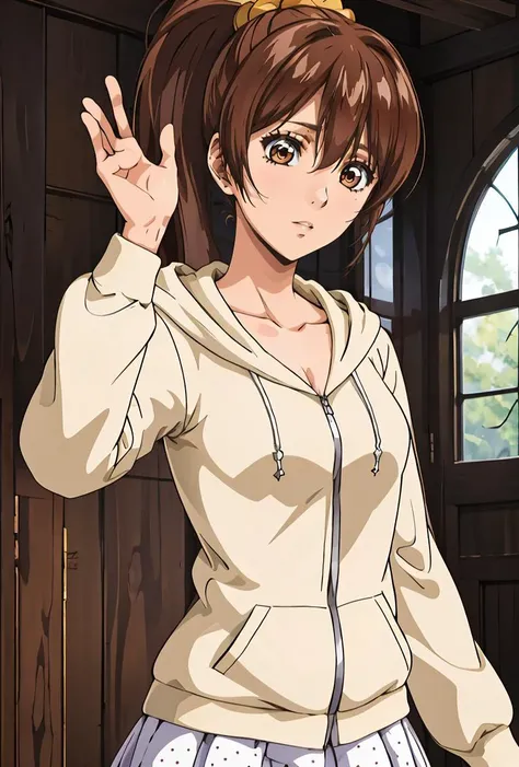 (masterpiece, best quality), 1girl,  <lora:AkineKuga:0.8> AkineKuga, 1girl, solo, very long hair, brown hair, long sleeves, brown eyes, collarbone, high ponytail, hair scrunchie, hooded sweater, hood down, polka dot skirt,