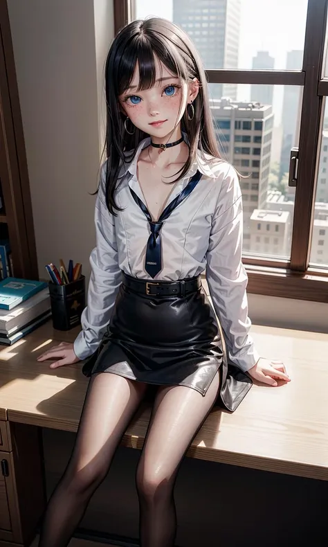 1girl, skinny, 18yo, parted bangs, forehead, long hair, (full body:1.4),
(black:1.2) hair, blue eyes, bright eyes, detailed eyes, freckles, (earrings:1.2), glossy lips, big smile, looking at viewer,
sitting on desk, spread legs, view from below,
modern office,
((Hasselblad photography)), finely detailed skin, sharp focus, (cinematic lighting), soft lighting, (direct lighting), epiCPhoto,
<lora:VirtualGirl-Ren:0.3>, VirtualGirl-Ren, ((flat-chested, male chest)),
<lora:breastsizeslideroffset:-1>,
<lora:eyebrows_slider_v1:-3>,
<lora:StL_Detail:0.4>,
<lora:0506 Emma OL_v1:0.6> ruanyi0506, bra, pantyhose, miniskirt, office lady, id card, lanyard, black bra, black necktie