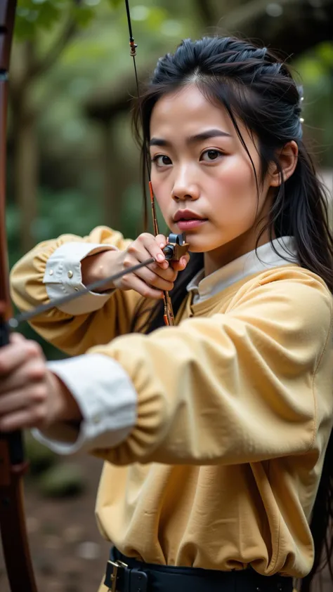 A professional photo of an Asian woman practicing archery with unwavering focus