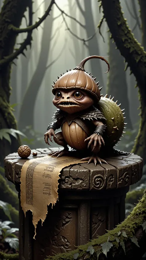 A professional film grain photography A little huskling perches on the edge of a worn, ancient stone pedestal, deep within a dense jungle ruin. The huskling's spiky, acorn-like body is a warm, earthy brown with a sprinkling of lighter, mossy green on its back, blending seamlessly into the surrounding foliage. Its sharp teeth and fangs are visible as it concentrates on deciphering the intricate carvings on a yellowed, crumbling scroll. The scroll, partially unrolled, drapes across the pedestal like a miniature waterfall of parchment.
The jungle ruin is overgrown with vines and creepers, with giant ferns and moss-covered stones creating a natural, ancient amphitheater around the pedestal. Shafts of sunlight filter through the dense canopy above, casting dappled shadows on the stone floor as the huskling's large, round eyes narrow in contemplation.
The huskling's posture, legs tucked under its body, gives it a studious appearance, as if it is a tiny, spiky sage, lost in thought. A few wispy strands of jungle grass are stuck to its spiky back, adding a touch of whimsy to the scene.photography,close-up shot,eye-level angle,direct perspective,centered framing,popping colors,popart style,(detailed face:1.3),neon lights,laser lighting,(realistic,photo-realistic:1.37),(from above:1.5),shot on Fujifilm X-S10 with Fujinon XF 10-24mm f-4 R OIS WR <lora:HusklingFlux:1>