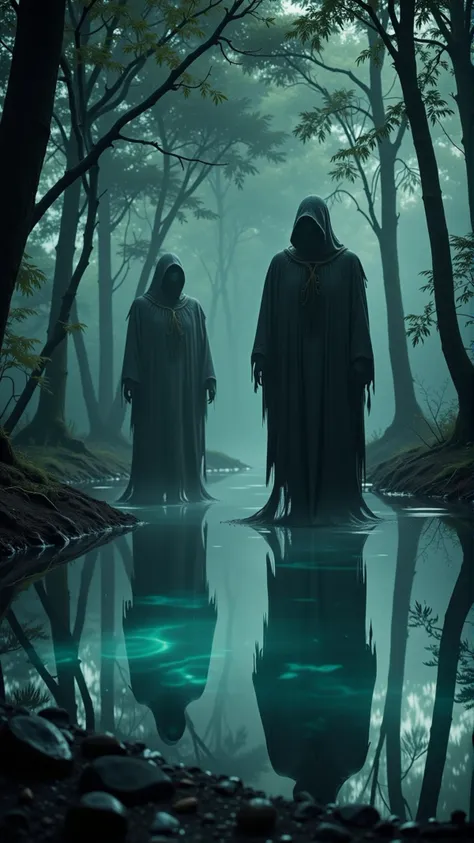 A professional photo of ghastly figures circling the ghostly reflections in a secret pond in a secret laboratory location.