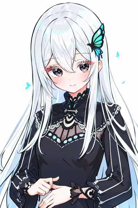 (masterpiece, best quality),  intricate details,
1girl,  <lora:Echidna_3_20:0.8> echidna, colored eyelashes,  butterfly hair ornament, black dress, long sleeves,