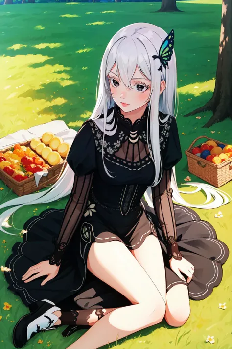 (masterpiece, best quality),  intricate details,
1girl,  <lora:Echidna_3_20:0.8> echidna, colored eyelashes,  butterfly hair ornament, black dress, long sleeves,
grass, outdoors, sun, picnic,