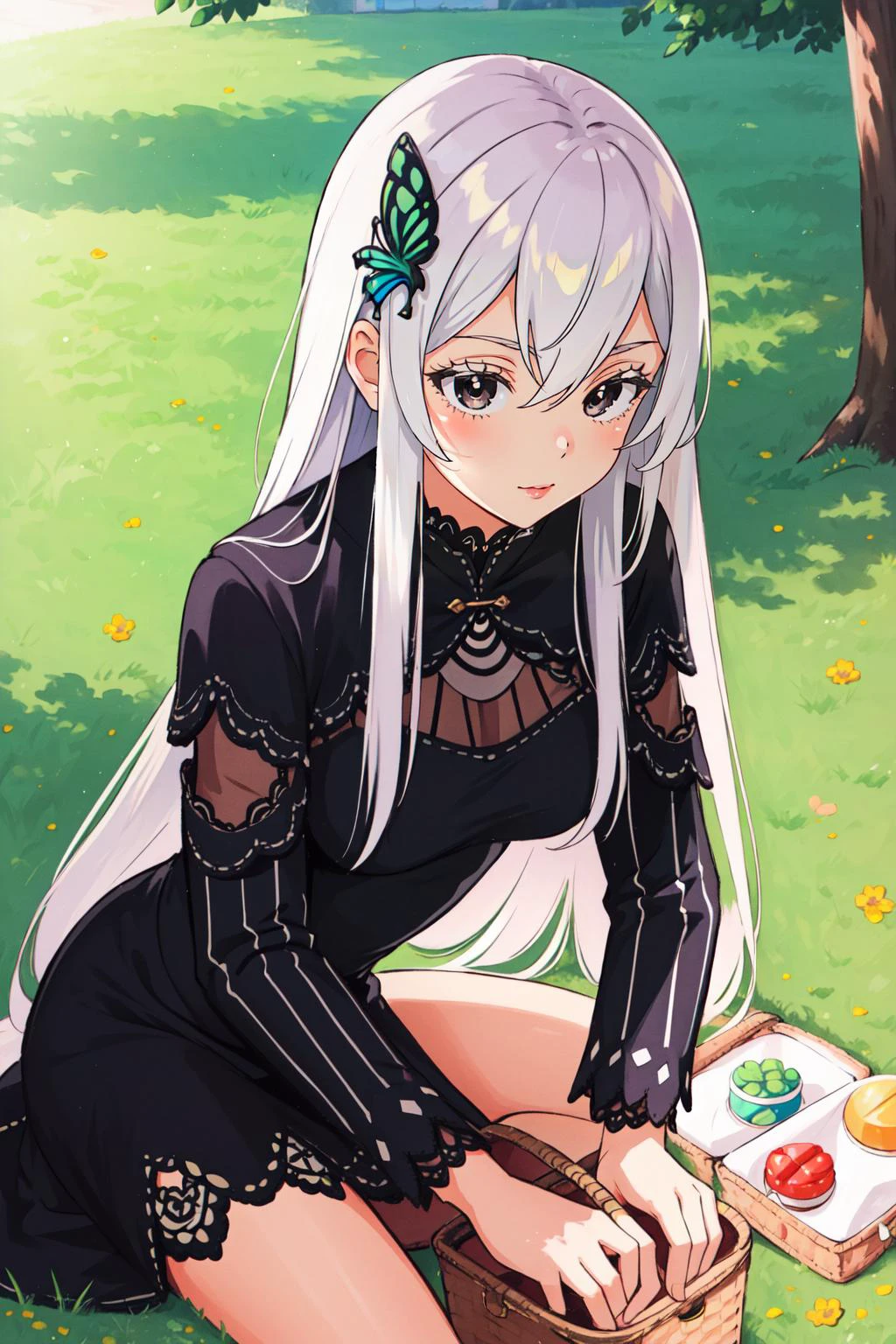 (masterpiece, best quality), intricate details,
1girl, <lora:Echidna_3_20:0.8> echidna, colored eyelashes, butterfly hair ornament, black dress, long sleeves,
grass, outdoors, sun, picnic,