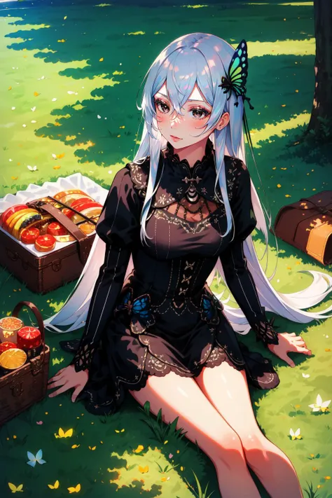 (masterpiece, best quality),  intricate details,
1girl,  <lora:Echidna_3_20:0.8> echidna, colored eyelashes,  butterfly hair ornament, black dress, long sleeves,
grass, outdoors, sun, picnic,