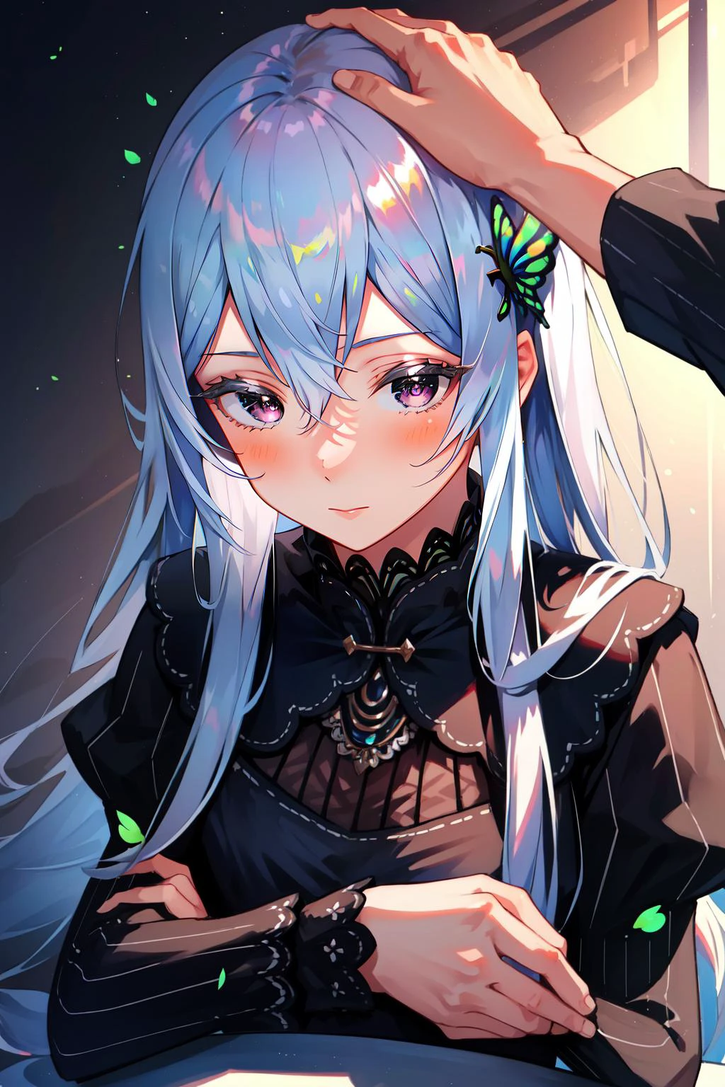 (masterpiece, best quality), intricate details,
1girl, <lora:Echidna_3_20:0.8> echidna, colored eyelashes, butterfly hair ornament, black dress, long sleeves,
<lora:HeadpatPOV:0.8> HeadpatPOV, pov, headpat,