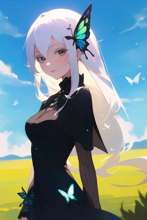 anime, hdr, soft light, ((best quality)), ((masterpiece)), (detailed),  <lora:Echidna_5_10:0.9> echidna, white hair, brown eyes, butterfly hair ornament, colored eyelashes, black dress, looking at viewer, cowbot shot, plains, blue sky