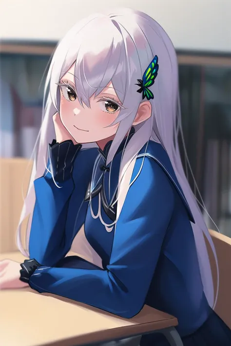 anime, hdr, soft light, ((best quality)), ((masterpiece)), (detailed), <lora:Echidna_5_10:0.9> echidna, 1girl, white hair, brown eyes, hair ornament, eyelashes, (colored eyelashes:1.1)(,school uniform, blue jacket, gray pleated skirt:1.1), looking at viewer, school