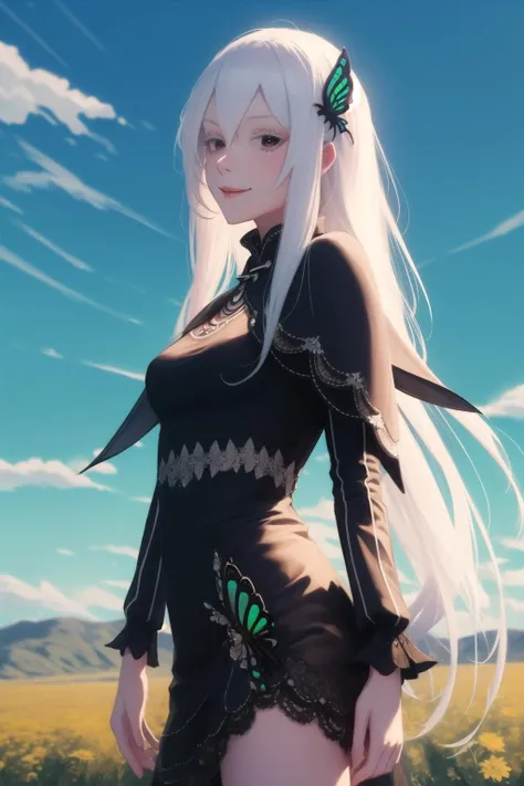anime, hdr, soft light, ((best quality)), ((masterpiece)), (detailed), <lora:Echidna_3_20-000014:1> echidna, brown eyes, hair between eyes, butterfly hair ornament, (colored eyelashes:1.2), capelet, black dress, long sleeves, looking at viewer, grin, cowboy shot, captivating pose, hill, field, blue sky