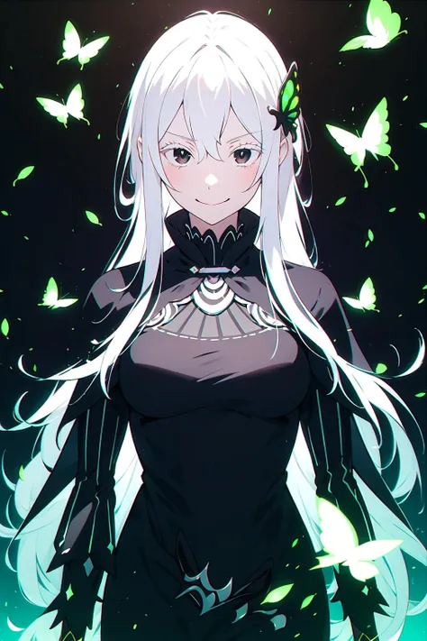 absurdres, highres, ultra detailed, <lora:EchidnaV2.1-000017:1> echidna, brown eyes, medium breasts, butterfly hair ornament, (colored eyelashes:1.1), capelet, black dress, long sleeves, looking at viewer, evil smile, otherworldly hues, surreal landscapes, unseen light, ethereal glow, neon green glow, vibrant colors, ghostly effect