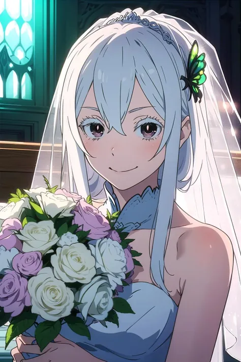 anime, hdr, soft light, ((best quality)), ((masterpiece)), (detailed), <lora:EchidnaV2.1-000017:1> echidna, brown eyes, medium breasts, hair_ornament, (colored eyelashes:1.1), wedding dress, bridal veil, holding bouquet, church, looking at viewer, evil smile