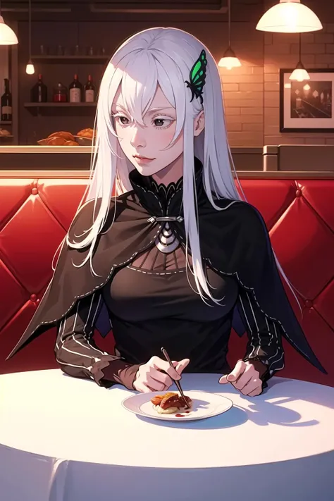 absurdres, highres, ultra detailed, <lora:EchidnaV2.1-000017:1> echidna, brown eyes, medium breasts, hair_ornament, (colored eyelashes:1.1), capelet, black dress, long sleeves, (eyelashes, colored eyelashes:1.1), black dress, glaring, sitting, table, food, restaurant