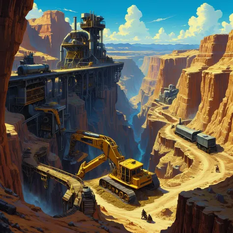 anime, fantasy, novel illustration, high fantasy, epic fairytale, a wide canyon booming with industrial machinery digging precious metals for their alien overlords