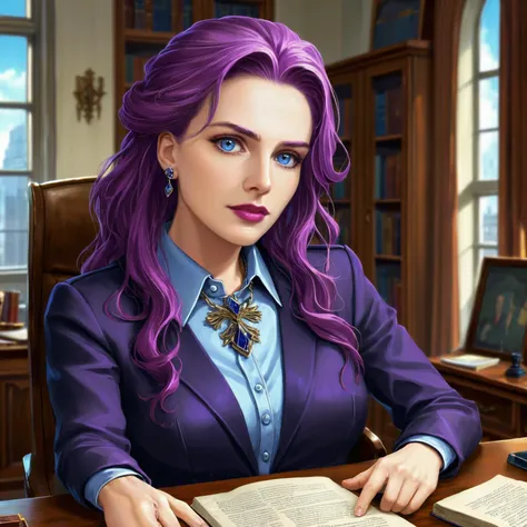 anime, fantasy, novel illustration, high fantasy, epic fairytale, the first woman prime minister of the uk, margaret thatcher, in her office, girl, purple hair, long hair, long eyelashes, hair slicked back, lips, looking at viewer, solo, blue eyes, wavy hair, undercut