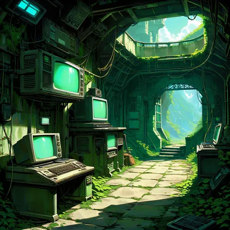 anime, fantasy, novel illustration, high fantasy, epic fairytale, an abandoned broadcast station, walls lined with obsolete technology