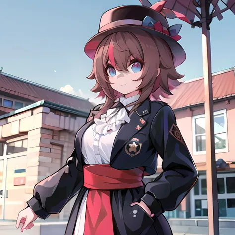 <lora:rakkunvt_1-10:1>, rakkunvt, <lora:HuasaChile_v1:0.55>, HuasaChile, Huasaformal, sash, red sash, black dress, black shoes, hat, sleeves, jacket, white blouse, formal, hand on hip, smile, (upper body:1.2) outdoors