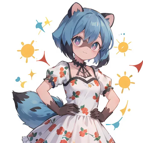 <lora:MichiruKagemoriBrandNewAnimal3:1>, Michiru Kagemori (Brand New Animal), tail, <lora:HuasaChile_v1:0.55>, HuasaChile, Huasachina, shash, puffy dress, dress, puffy short sleeves, pantyhose, black footwear, floral print, print dress, hand on hip, smile, (upper body:1.2)