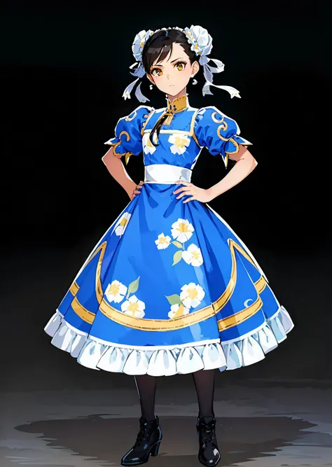 1 girl, ((masterpiece, sidelighting, beautiful eyes: 1.2), ultra-detailed, ultra high res, professional lighting, high quality makeup, beautiful detailed eyes), (best-quality:0.8), perfect anime illustration, beautiful, flat color background, simple background, full body , looking_at_viewer, solo, (full body:1.5), brown hair, dark brown eyes, (small breasts:1.1), solo,<lora:HuasaChile_v1:0.6>, HuasaChile, Huasachina, shash, puffy dress, dress, puffy short sleeves, pantyhose, black footwear, floral print, print dress, hand on hip, handkerchief, <lora:ChunLi_v1:0.8>, 1girl, solo, ChunLi