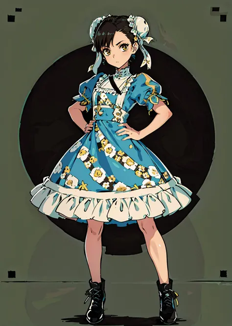 1 girl, ((masterpiece, sidelighting, beautiful eyes: 1.2), ultra-detailed, ultra high res, professional lighting, high quality makeup, beautiful detailed eyes), (best-quality:0.8), perfect anime illustration, beautiful, flat color background, simple background, full body , looking_at_viewer, solo, (full body:1.5), brown hair, dark brown eyes, (small breasts:1.1), solo,<lora:HuasaChile_v1:0.6>, HuasaChile, Huasachina, shash, puffy dress, dress, puffy short sleeves, pantyhose, black footwear, floral print, print dress, hand on hip, handkerchief, <lora:ChunLi_v1:0.8>, 1girl, solo, ChunLi