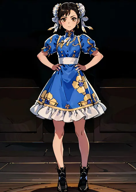 1 girl, ((masterpiece, sidelighting, beautiful eyes: 1.2), ultra-detailed, ultra high res, professional lighting, high quality makeup, beautiful detailed eyes), (best-quality:0.8), perfect anime illustration, beautiful, flat color background, simple background, full body , looking_at_viewer, solo, (full body:1.5), brown hair, dark brown eyes, (small breasts:1.1), solo,<lora:HuasaChile_v1:0.6>, HuasaChile, Huasachina, shash, puffy dress, dress, puffy short sleeves, pantyhose, black footwear, floral print, print dress, hand on hip, handkerchief, <lora:ChunLi_v1:0.8>, 1girl, solo, ChunLi