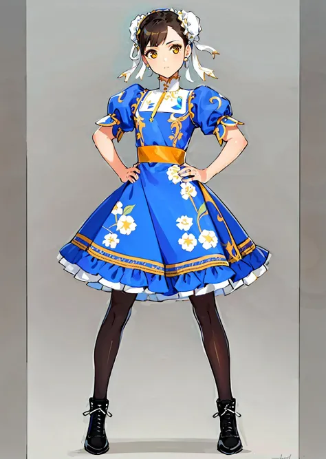 1 girl, ((masterpiece, sidelighting, beautiful eyes: 1.2), ultra-detailed, ultra high res, professional lighting, high quality makeup, beautiful detailed eyes), (best-quality:0.8), perfect anime illustration, beautiful, flat color background, simple background, full body , looking_at_viewer, solo, (full body:1.5), brown hair, dark brown eyes, (small breasts:1.1), solo,<lora:HuasaChile_v1:0.6>, HuasaChile, Huasachina, shash, puffy dress, dress, puffy short sleeves, pantyhose, black footwear, floral print, print dress, hand on hip, handkerchief, <lora:ChunLi_v1:0.8>, 1girl, solo, ChunLi