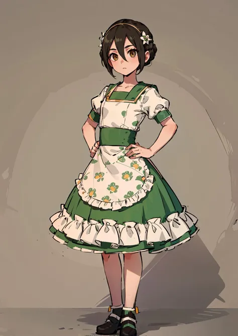 1 girl, ((masterpiece, sidelighting, beautiful eyes: 1.2), ultra-detailed, ultra high res, professional lighting, high quality makeup, beautiful detailed eyes), (best-quality:0.8), perfect anime illustration,  beautiful, flat color background, simple background, full body ,  looking_at_viewer, solo, (full body:1.5), brown hair, dark brown eyes, (small breasts:1.1), solo,<lora:HuasaChile_v1:0.6>, HuasaChile, Huasachina,  shash, puffy dress, dress, puffy short sleeves, pantyhose, black footwear, floral print, print dress, hand on hip, handkerchief,<lora:avatarToph_v10:0.8>, toph, (blind:1.5)