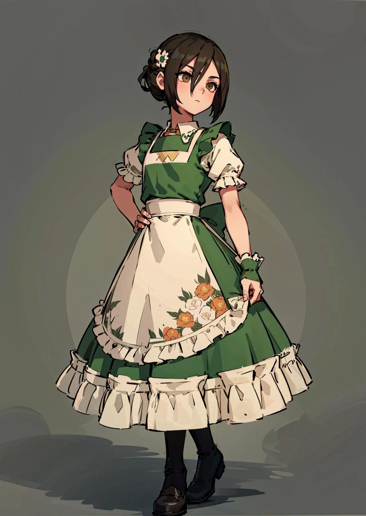 1 girl, ((masterpiece, sidelighting, beautiful eyes: 1.2), ultra-detailed, ultra high res, professional lighting, high quality makeup, beautiful detailed eyes), (best-quality:0.8), perfect anime illustration, beautiful, flat color background, simple background, full body , looking_at_viewer, solo, (full body:1.5), brown hair, dark brown eyes, (small breasts:1.1), solo,<lora:HuasaChile_v1:0.6>, HuasaChile, Huasachina, shash, puffy dress, dress, puffy short sleeves, pantyhose, black footwear, floral print, print dress, hand on hip, handkerchief,<lora:avatarToph_v10:0.8>, toph, (blind:1.5)