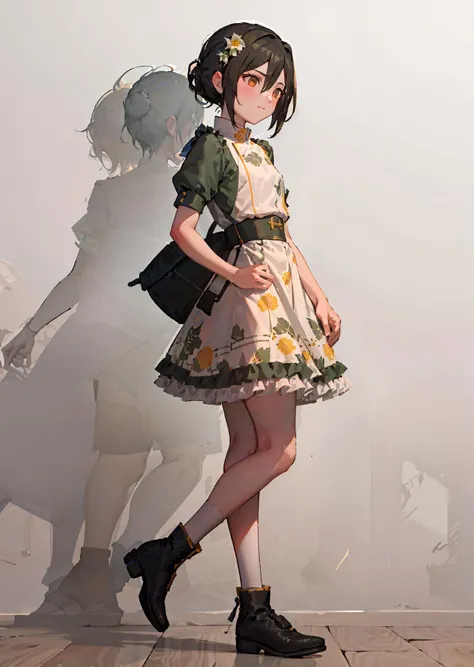 1 girl, ((masterpiece, sidelighting, beautiful eyes: 1.2), ultra-detailed, ultra high res, professional lighting, high quality makeup, beautiful detailed eyes), (best-quality:0.8), perfect anime illustration,  beautiful, flat color background, simple background, full body ,  looking_at_viewer, solo, (full body:1.5), brown hair, dark brown eyes, (small breasts:1.1), solo,<lora:HuasaChile_v1:0.6>, HuasaChile, Huasachina,  shash, puffy dress, dress, puffy short sleeves, pantyhose, black footwear, floral print, print dress, hand on hip, handkerchief,<lora:avatarToph_v10:0.8>, toph, (blind:1.5)
