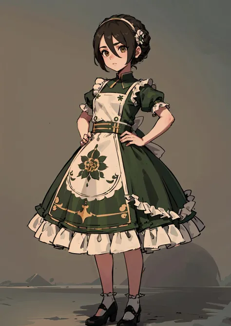 1 girl, ((masterpiece, sidelighting, beautiful eyes: 1.2), ultra-detailed, ultra high res, professional lighting, high quality makeup, beautiful detailed eyes), (best-quality:0.8), perfect anime illustration, beautiful, flat color background, simple background, full body , looking_at_viewer, solo, (full body:1.5), brown hair, dark brown eyes, (small breasts:1.1), solo,<lora:HuasaChile_v1:0.6>, HuasaChile, Huasachina, shash, puffy dress, dress, puffy short sleeves, pantyhose, black footwear, floral print, print dress, hand on hip, handkerchief,<lora:avatarToph_v10:0.8>, toph, (blind:1.5)
