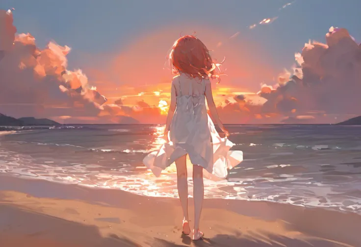 source_anime, score_9, score_8_up,
very wide shot, 1girl, solo, white dress, walking, beach, sunset, evening, whorled clouds, warm lighting, bare legs, barefoot, facing away, from behind,