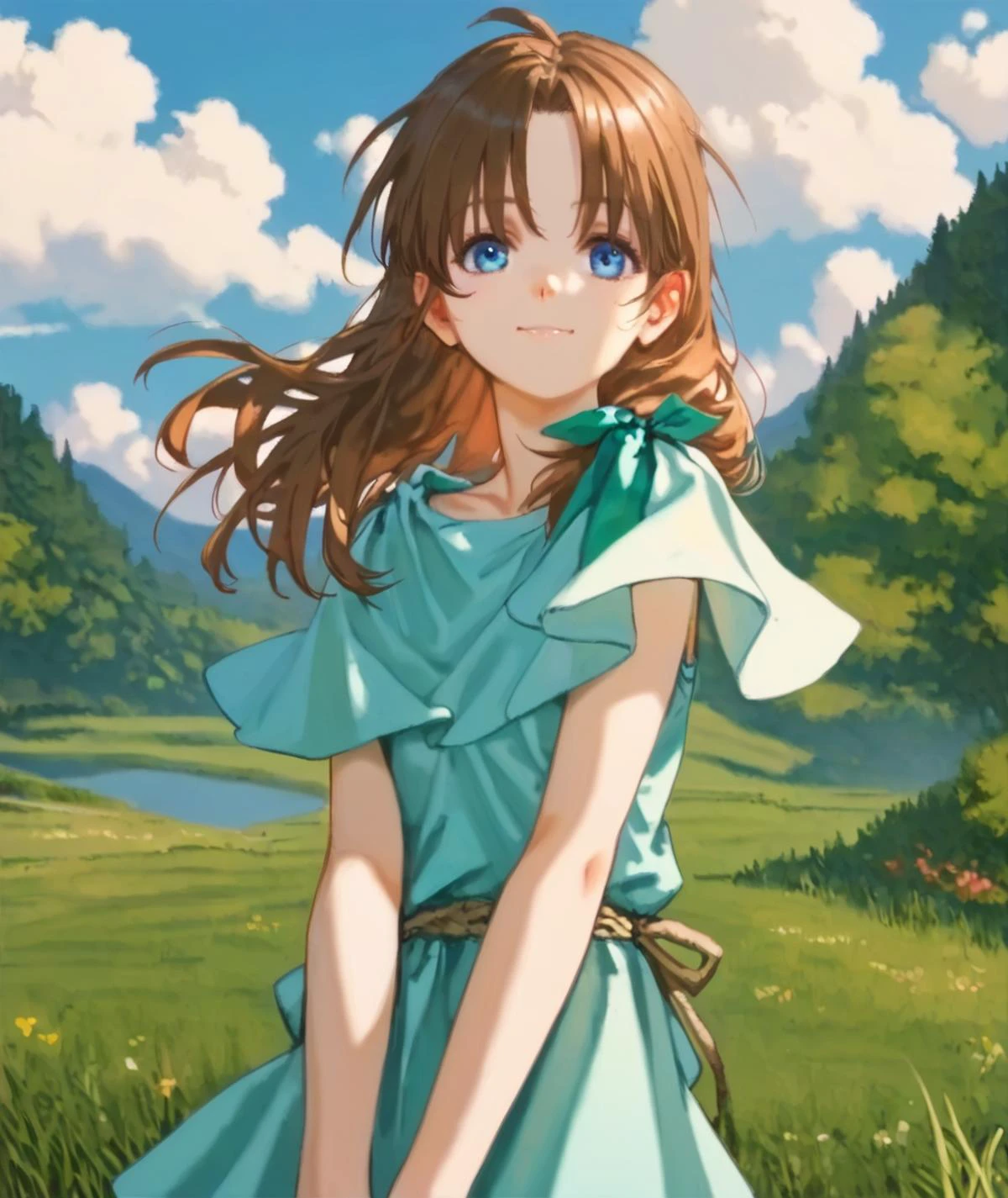 score_9, score_8_up, score_7_up,
an apple, green tree on the hill, grass, European castle far away,
blue sky, cloud, all body, sitting,
<lora:lilia_Pony_v1:0.8> lilia (ys), ys ii,
1girl, solo, brown hair, long hair, blue eyes, blue dress, smile,
