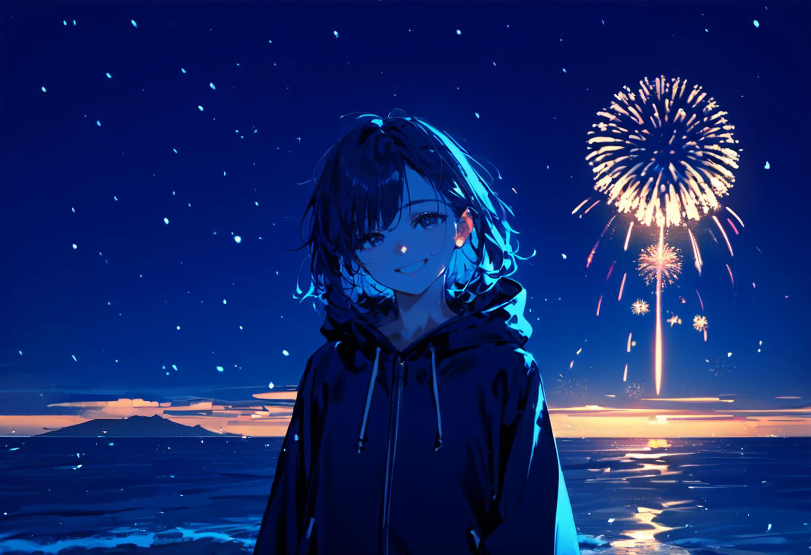 score_9, score_8_up, source_anime, 1girl, cowboy shot, rule of thirds, composition, cinematic, very wide shot, night, night sky, ocean, snowing, facing viewer, head tilt, smile, fireworks, cinematic, cold lighting, blue theme, dark theme, silhouette