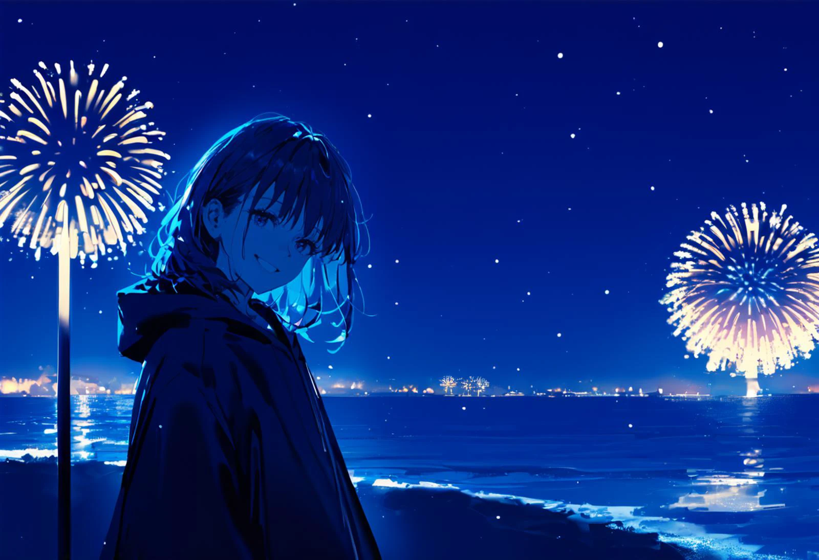 score_9, score_8_up, source_anime, 1girl, cowboy shot, rule of thirds, composition, cinematic, very wide shot, night, night sky, ocean, snowing, facing viewer, head tilt, smile, fireworks, cinematic, cold lighting, blue theme, dark theme, silhouette