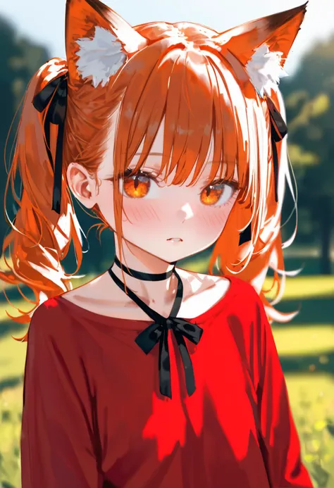 score_9, score_8_up, 1girl, animal ears, solo, twintails, animal ear fluff, looking at viewer, outdoors, upper body, fox ears, orange hair, blurry background, blurry, parted lips, blush, orange eyes, ribbon, shirt, neck ribbon, depth of field, fox girl, collarbone, day, red shirt, frills