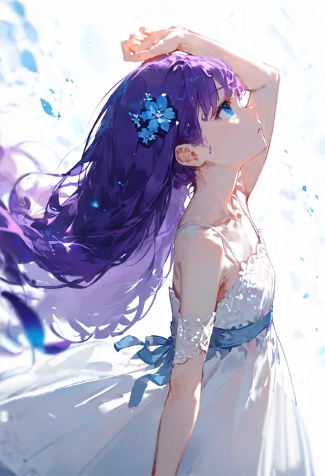 score_9, score_8_up, score_7_up, source_anime,
1girl, solo, blue eyes, long hair, dress, looking up, white dress, bare shoulders, hair ornament, purple hair, collarbone, arm up, from side, profile, see-through, blurry, depth of field, light particles,