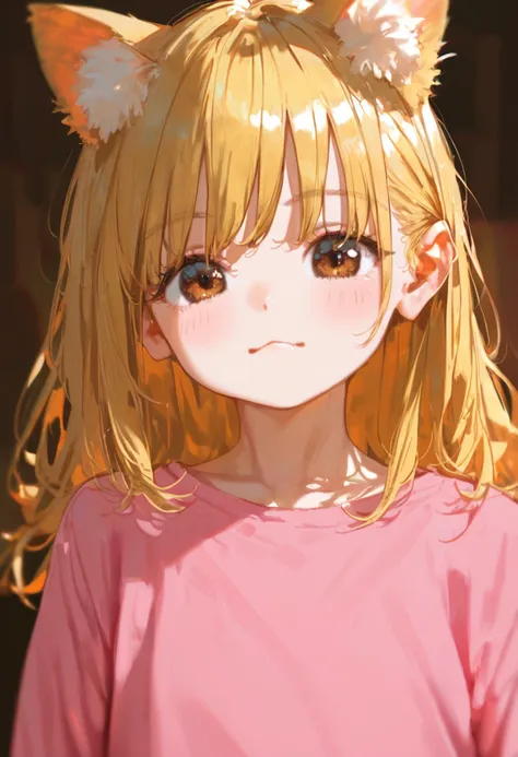 score_9, score_8_up, 1girl, kawaii, animal ears, blonde hair, brown eyes, looking at viewer, upper body, animal ear fluff, pink shirt, blurry, long sleeves, depth of field