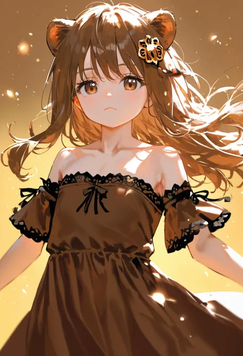 score_9, score_8_up, source_anime,
1girl, solo, dress, long hair, brown dress, lion girl, cute, hair ornament, brown hair, bare shoulders, brown eyes, floating hair, collarbone, closed mouth, blurry, standing, light particles, cinematic, brown theme, chiaroscuro, upper body, looking at viewer,