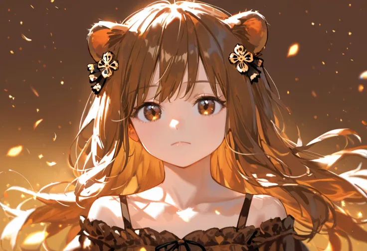 score_9, score_8_up, source_anime,
1girl, solo, dress, long hair, brown dress, lion girl, cute, hair ornament, brown hair, bare shoulders, brown eyes, floating hair, collarbone, closed mouth, blurry, standing, light particles, cinematic, brown theme, chiaroscuro, upper body, looking at viewer,