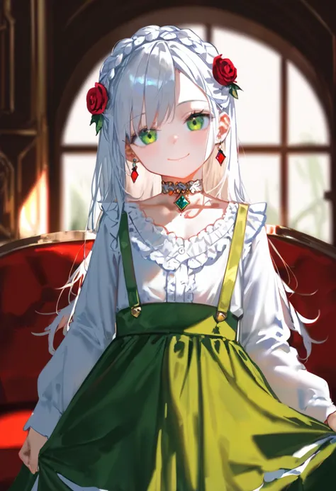 score_9, score_8_up, 1girl, kawaii, solo, green eyes, jewelry, long hair, hair ornament, skirt, hair flower, crown braid, earrings, looking at viewer, flower, white hair, indoors, braid, shirt, white shirt, smile, blurry, frills, long sleeves, frilled shirt, blurry background, green skirt, sidelocks, standing, choker, gem, closed mouth, rose