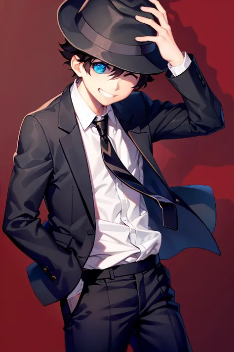 masterpiece, best quality, <lora:lw:1>,solo, smile, male focus, necktie, 1boy, hat, blue eye,one eye closed, grin, black hair, black necktie, formal, suit, pants, hands in pockets, shirt, jacket, fedora, hand in pocket, black pants, spotlight, dress shirt, white shirt, black headwear, cowboy shot, standing, short hair, black jacket, long sleeves, ^_^,red background,