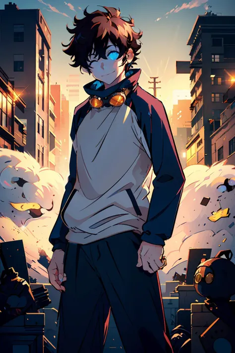 masterpiece, best quality, <lora:lw:1>,1boy, male focus, solo, letterboxed, closed eyes, glowing, goggles, black hair, blue eyes, headphones, smile, brown hair, long sleeves, raglan sleeves, glowing eyes, goggles around neck, glasses, clenched hands, standing, jacket, cowboy shot, arms at sides, one eye closed, sparkle, pants