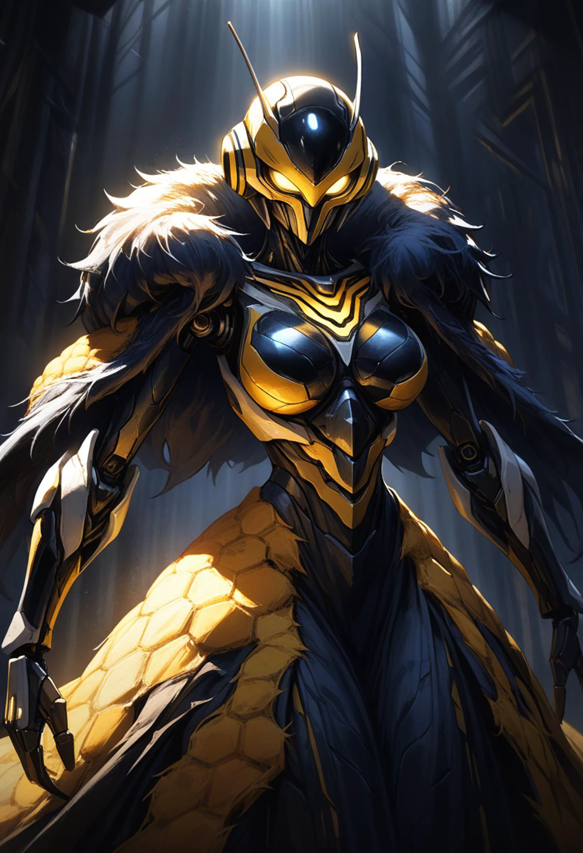 (Quasarcake:0.7) wallpaper 4k 8k high-resolution solo Warframe (Symbiote) monster-girl bee-girl Female robot-face black-and-yellow-stripes honeycomb-print long-dress fur-trim
absurdres highly-detailed best-quality masterpiece amazing-shading cinematic-lighting detailed-illustration